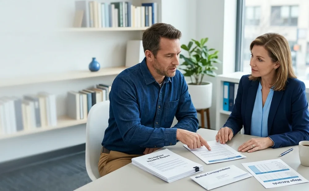Worker and attorney reviewing workplace injury documents and wage records.