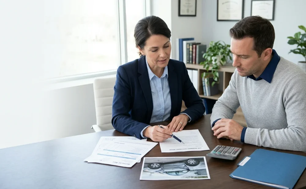 Attorney and client reviewing a car accident settlement offer and supporting documents.
