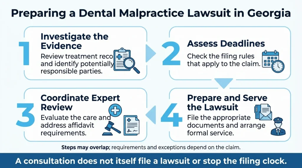 Evidence review, deadline assessment, expert review, and filing steps for a Georgia dental malpractice lawsuit.