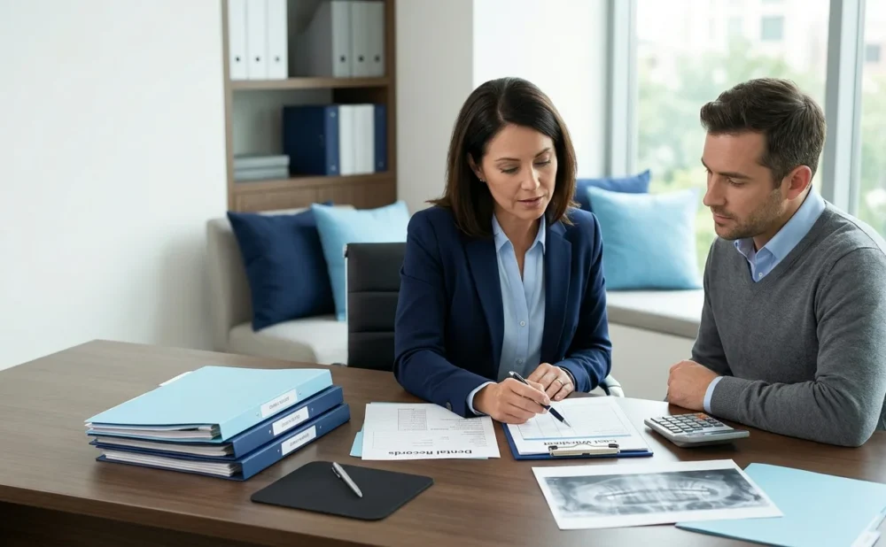 ttorney and client reviewing dental records and potential malpractice claim costs.