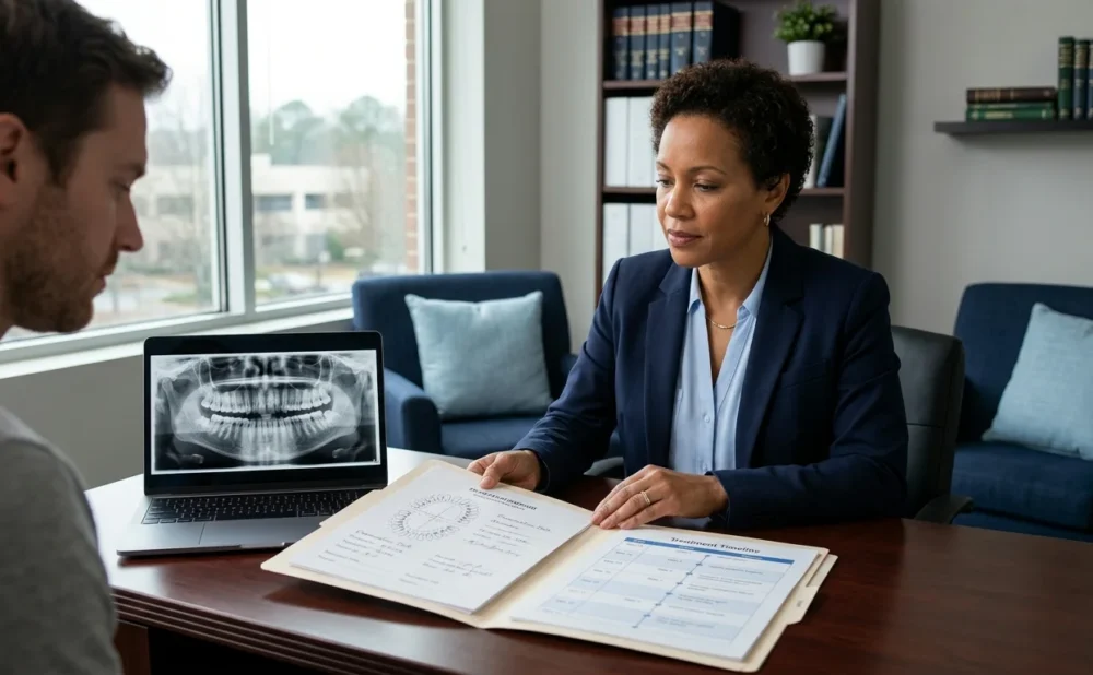 Attorney and client reviewing dental records and an X-ray during a malpractice consultation.