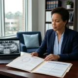 Attorney and client reviewing dental records and an X-ray during a malpractice consultation.
