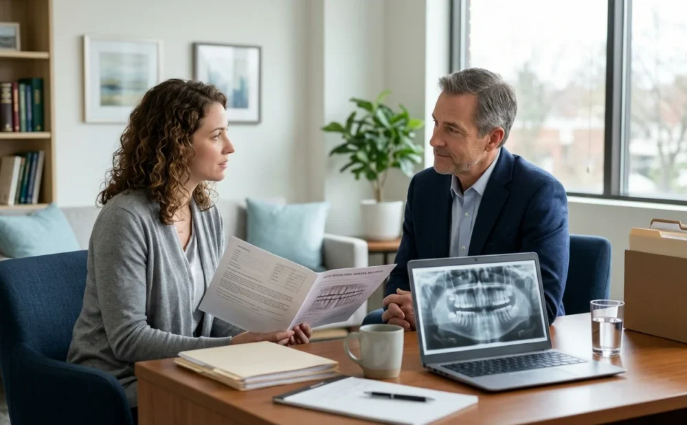 Patient discussing dental treatment concerns with an attorney while reviewing records.