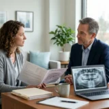 Patient discussing dental treatment concerns with an attorney while reviewing records.