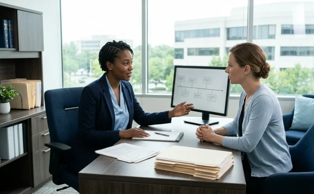 Attorney explaining a medical records review to a client during a malpractice consultation.