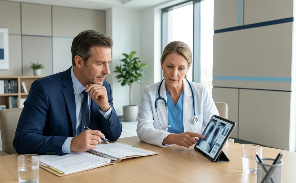 Attorney and physician reviewing medical records together.