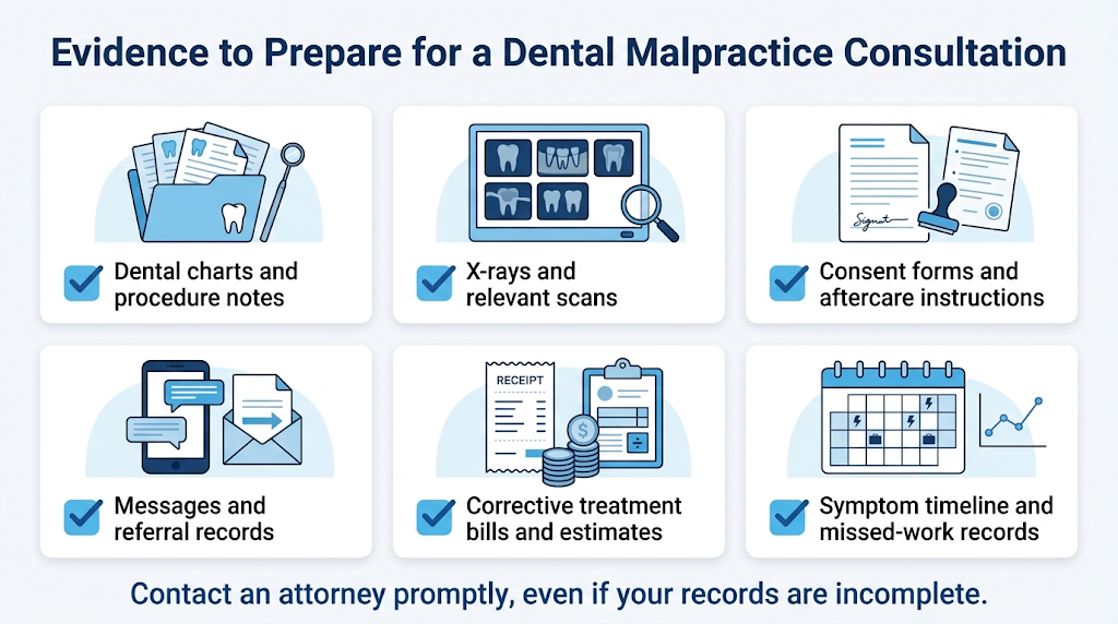 Dental records, imaging, communications, and financial documents to prepare for a malpractice consultation.