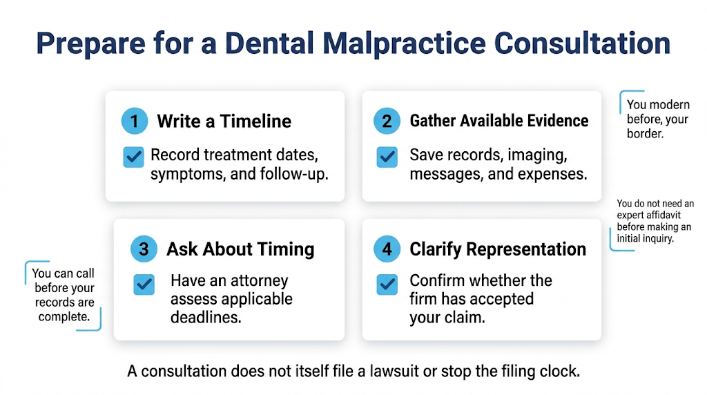 Consultation preparation checklist covering treatment dates, records, deadlines, and representation.