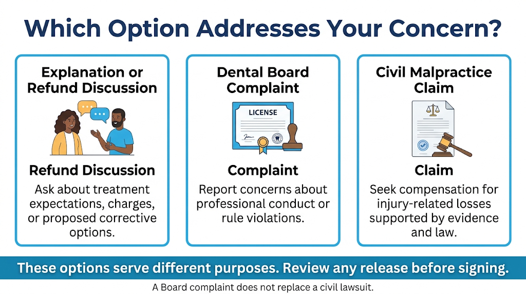Comparison of refund discussions, Dental Board complaints, and civil dental malpractice claims.