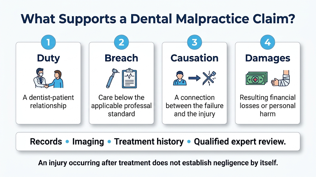 Duty, breach, causation, and damages assessed through dental records and qualified expert review.