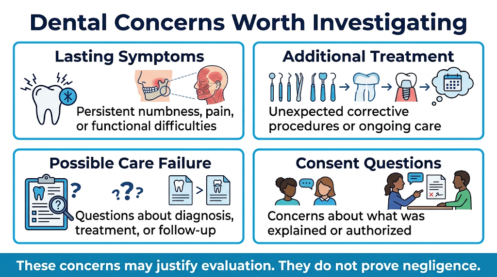 Dental concerns that may warrant investigation, including lasting symptoms, corrective care, and consent questions.