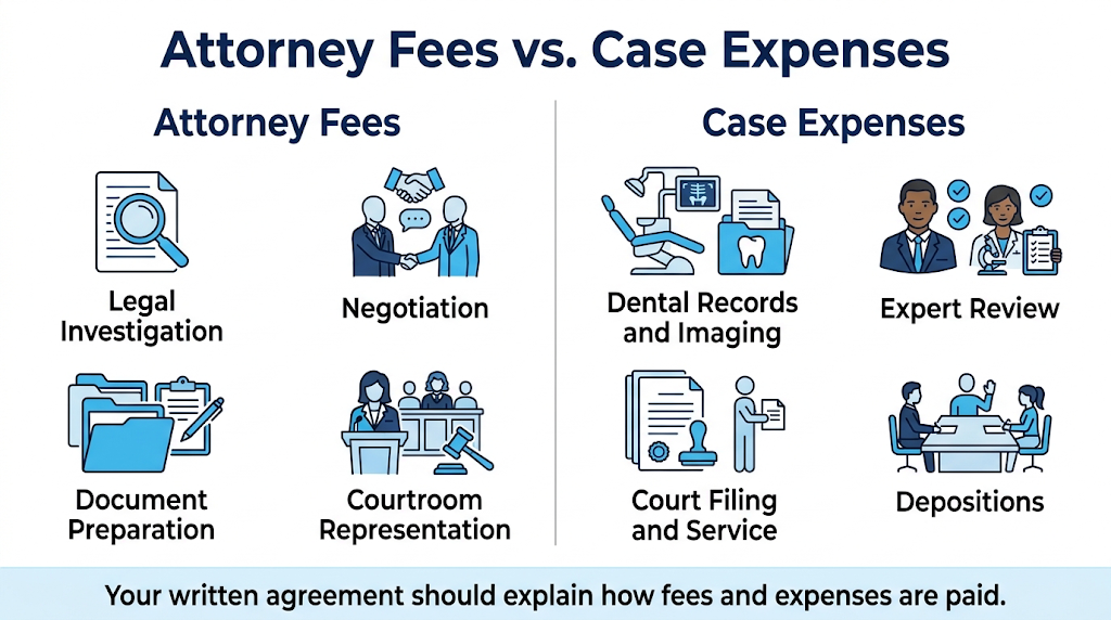 Comparison of attorney fees and separate expenses in a dental malpractice claim.