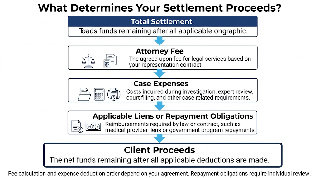 Settlement proceeds after attorney fees, case expenses, and applicable repayment obligations.