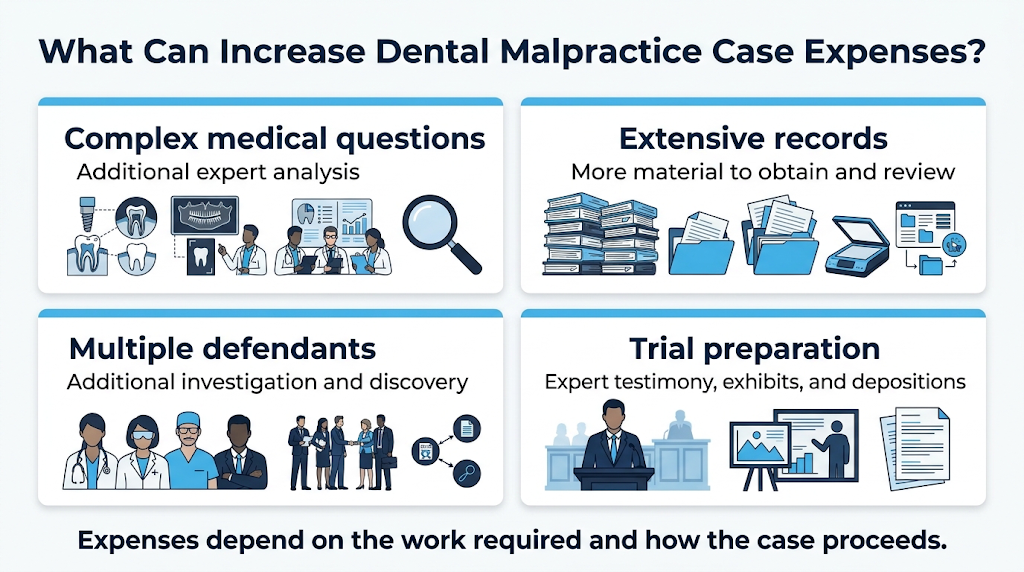 Factors that can increase dental malpractice expenses, including expert analysis and trial preparation.