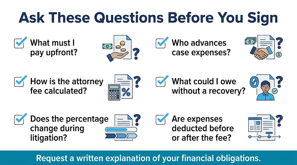 Six questions about upfront costs, attorney fees, and case expenses to ask before hiring.