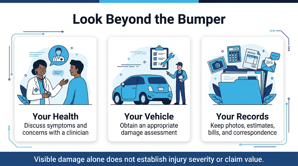 Health, vehicle assessment, and documentation considerations after a minor collision.