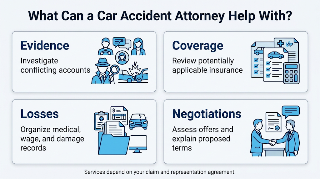 Attorney tasks involving accident evidence, insurance coverage, documented losses, and negotiations.