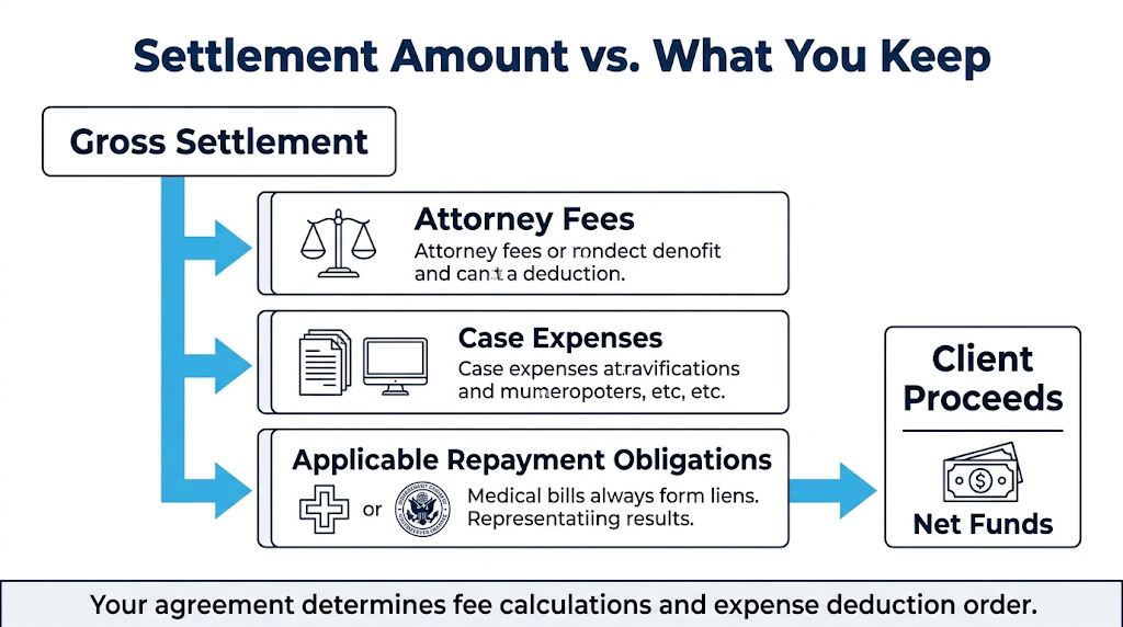 Difference between gross settlement and client proceeds after applicable deductions.