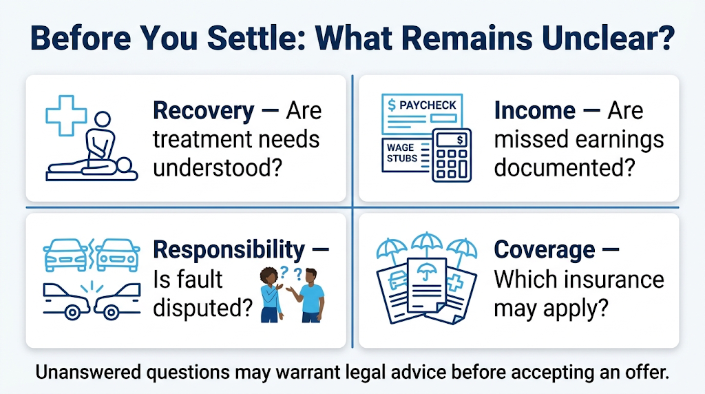 Questions about recovery, lost income, fault, and insurance to resolve before settling.
