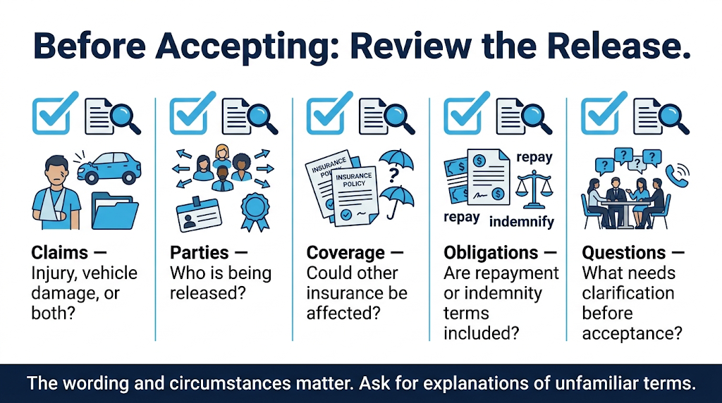 Checklist of claims, parties, insurance, and obligations to review in a settlement release.