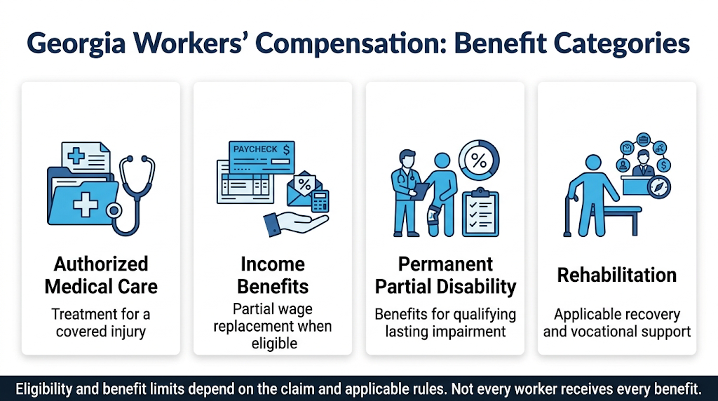 Georgia workers’ compensation benefit categories, including medical care, income benefits, impairment, and rehabilitation.