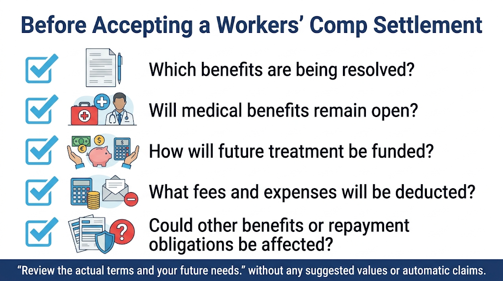 Questions about future medical care, resolved benefits, deductions, and other obligations before settlement.
