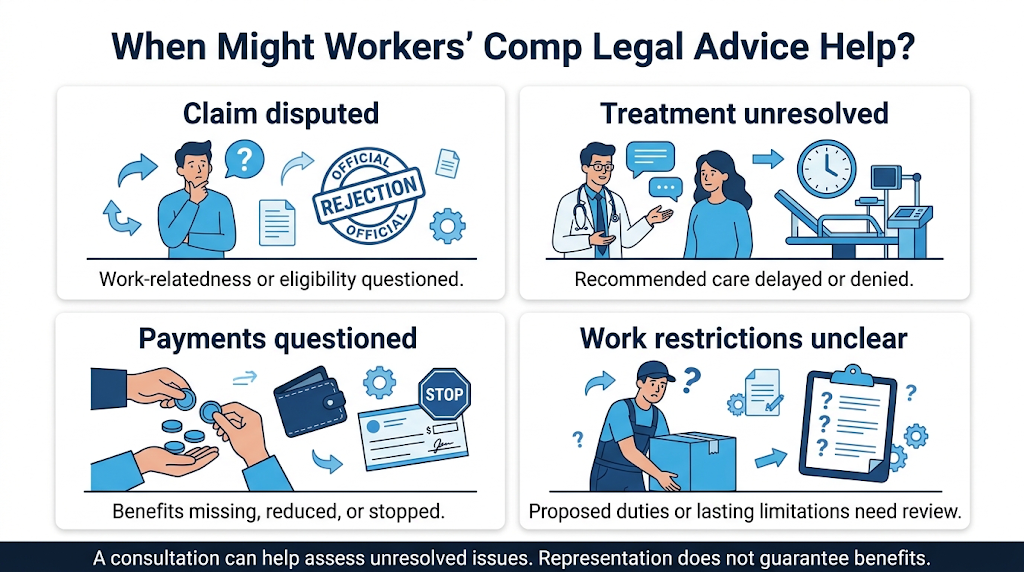 Workers’ compensation disputes involving claim acceptance, treatment, payments, and work restrictions.