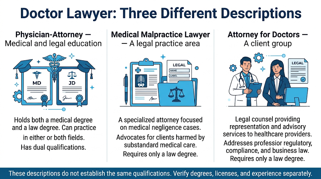 Differences between a physician-attorney, medical malpractice lawyer, and attorney representing doctors.