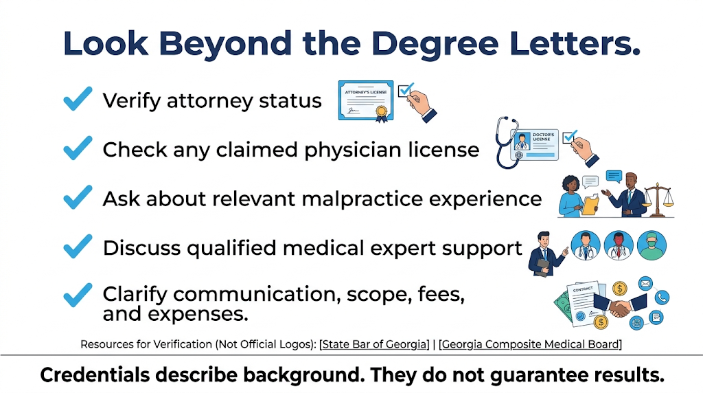 Checklist for verifying credentials and evaluating a medical malpractice attorney.