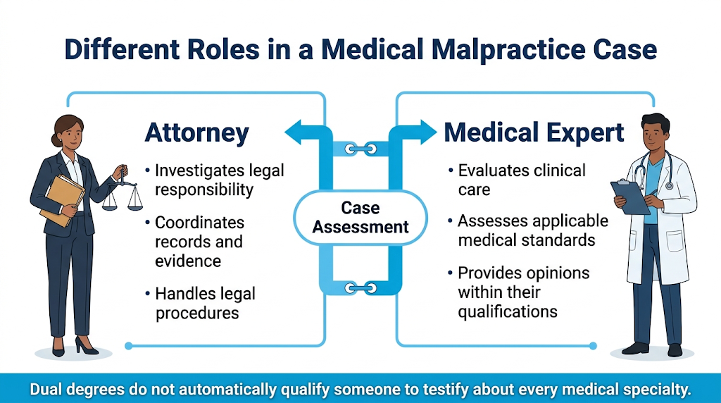 Comparison of an attorney’s legal responsibilities and a medical expert’s clinical evaluation.