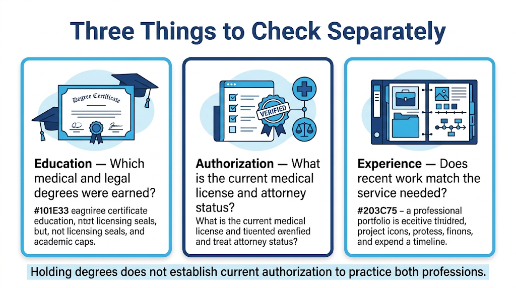 Separate checks for professional education, current practice authorization, and relevant experience.
