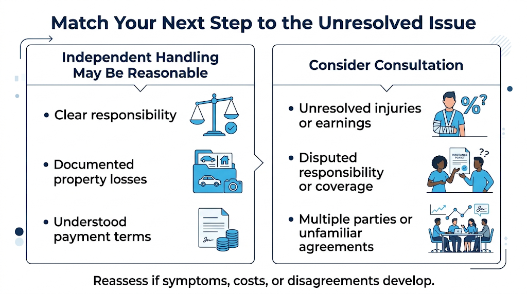 Comparison of straightforward accident claims and unresolved issues that may justify consultation.