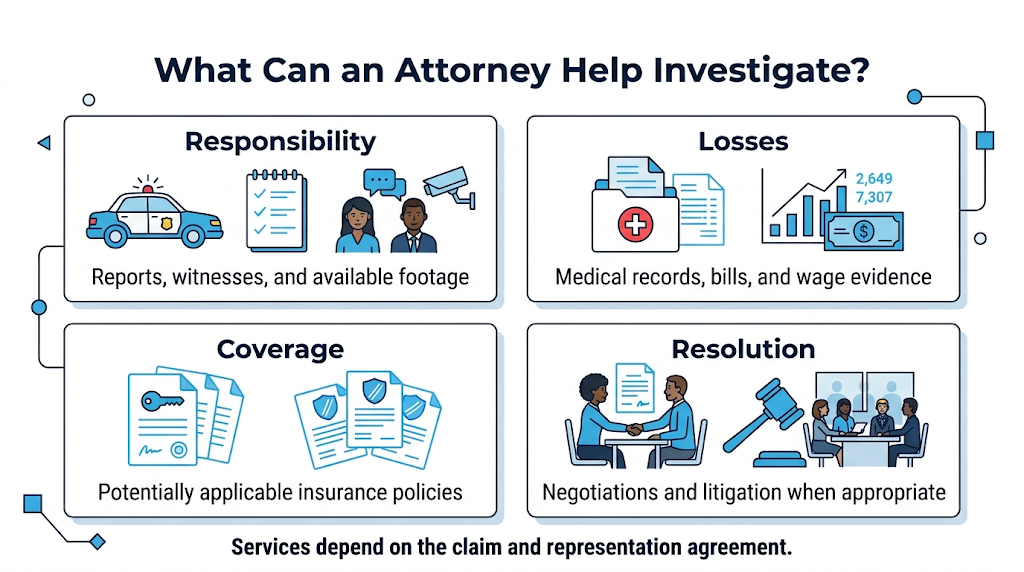 Attorney tasks involving accident responsibility, documented losses, insurance coverage, and claim resolution.