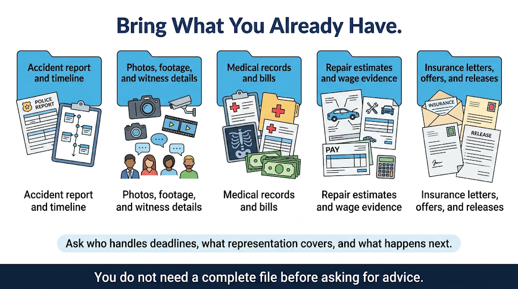 Documents and questions to prepare for a car accident attorney consultation.