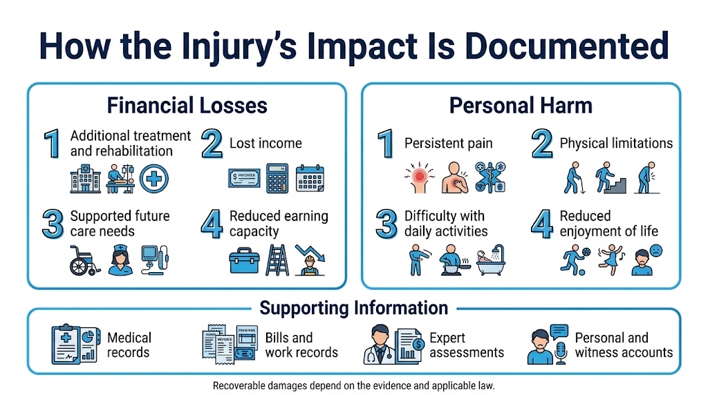 Financial losses, personal harm, and evidence used to assess a medical malpractice injury.