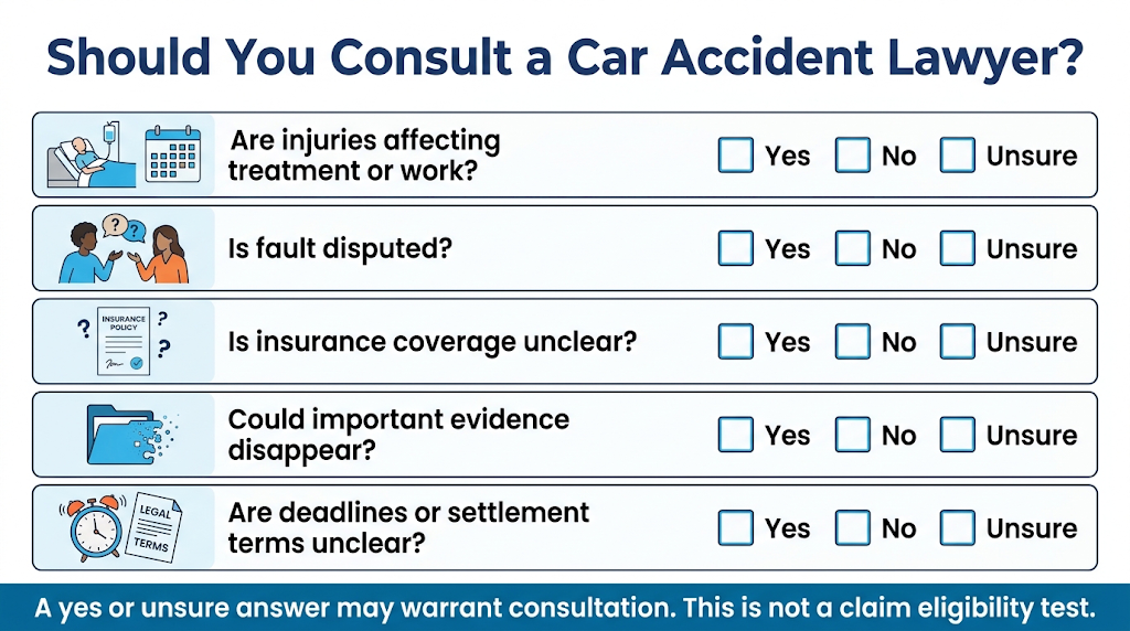 Checklist covering injuries, disputed fault, insurance, evidence, and legal deadlines.