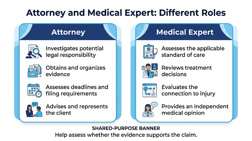 Comparison of an attorney’s legal responsibilities and a medical expert’s clinical assessment.