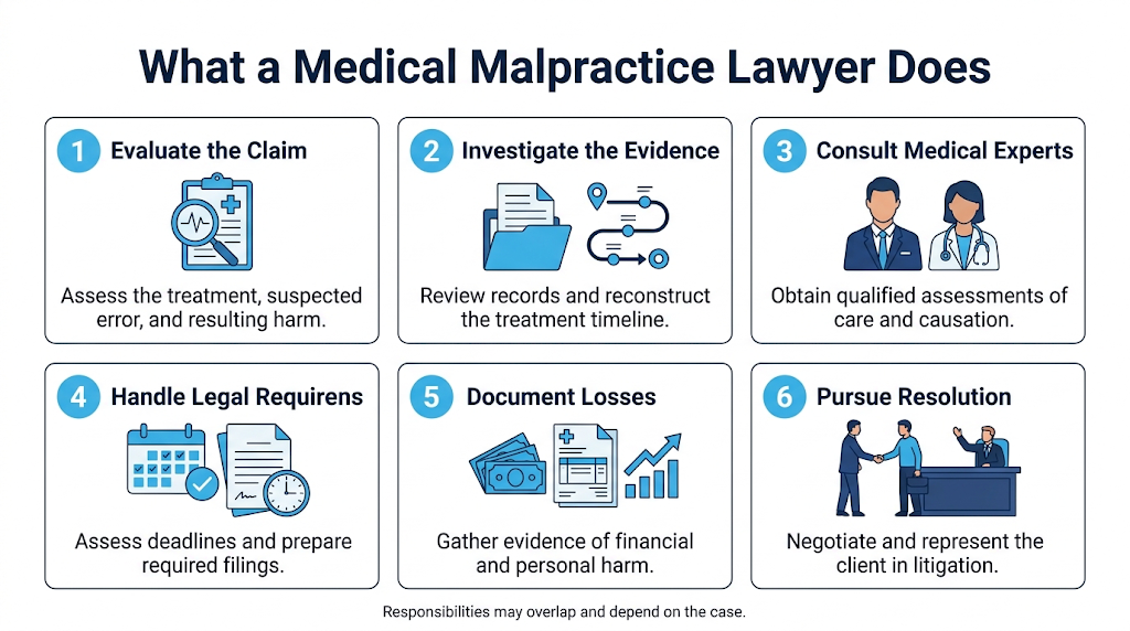 Six medical malpractice lawyer responsibilities, from claim evaluation to negotiation and litigation.