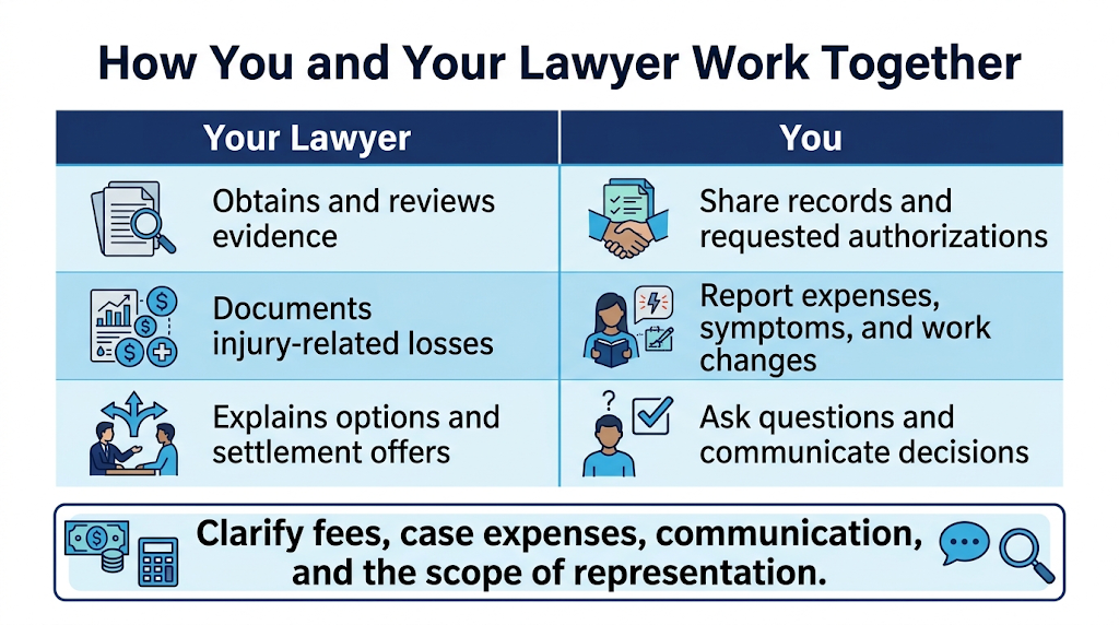 Lawyer and client responsibilities for gathering evidence, documenting losses, and making informed decisions.