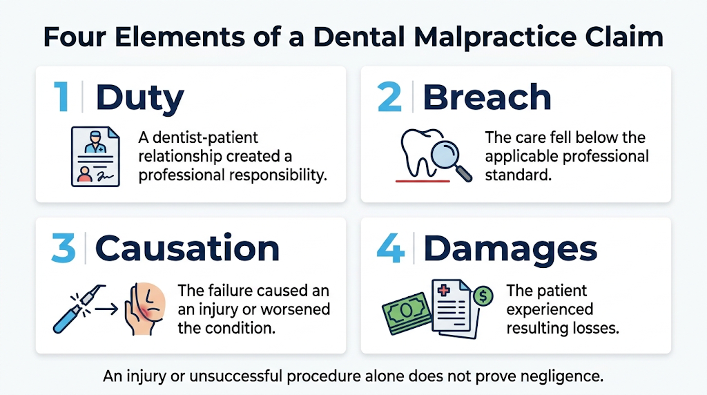 Four elements evaluated in a dental malpractice claim: duty, breach, causation, and damages.