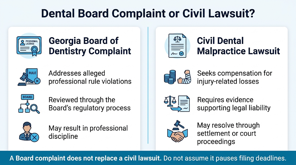 Comparison of a Georgia Dental Board complaint seeking professional oversight and a civil lawsuit seeking compensation.