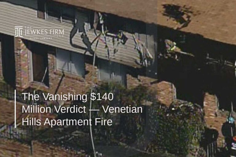 Burned apartment building with a heavily damaged roof and shattered windows following a fire, showing the aftermath of the Venetian Hills apartment fire.